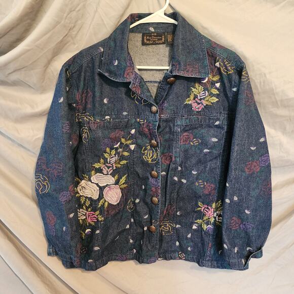 New Direction Woman Denim Jacket 1X Plus Size Embroidered Roses Western Bohemian - Picture 1 of 15